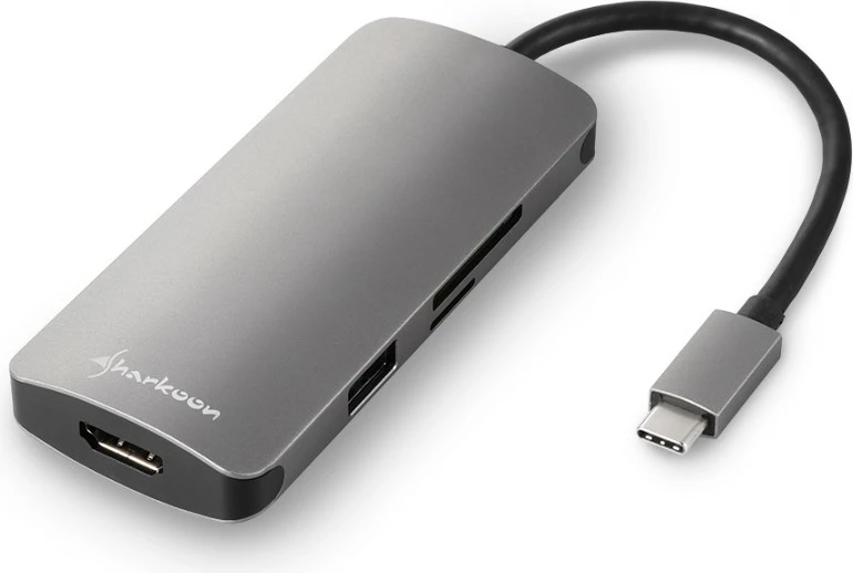 Adapter multiport USB-C Sharkoon, HDMI, 3x USB, SD/MicroSD, gri