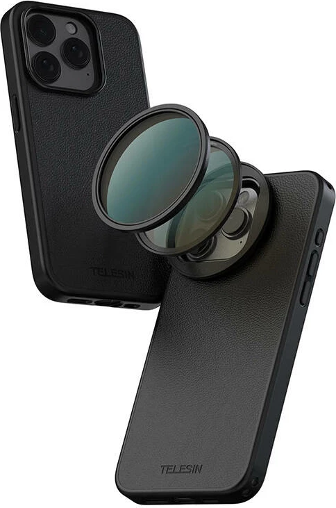 Mbështjellës me kornizë magnetike filtri, Telesin P10-PCO-02, për iPhone 15 Pro Max, material ABS + lëkurë, përkrah karikim dhe mbajtëse magnetike, i zi