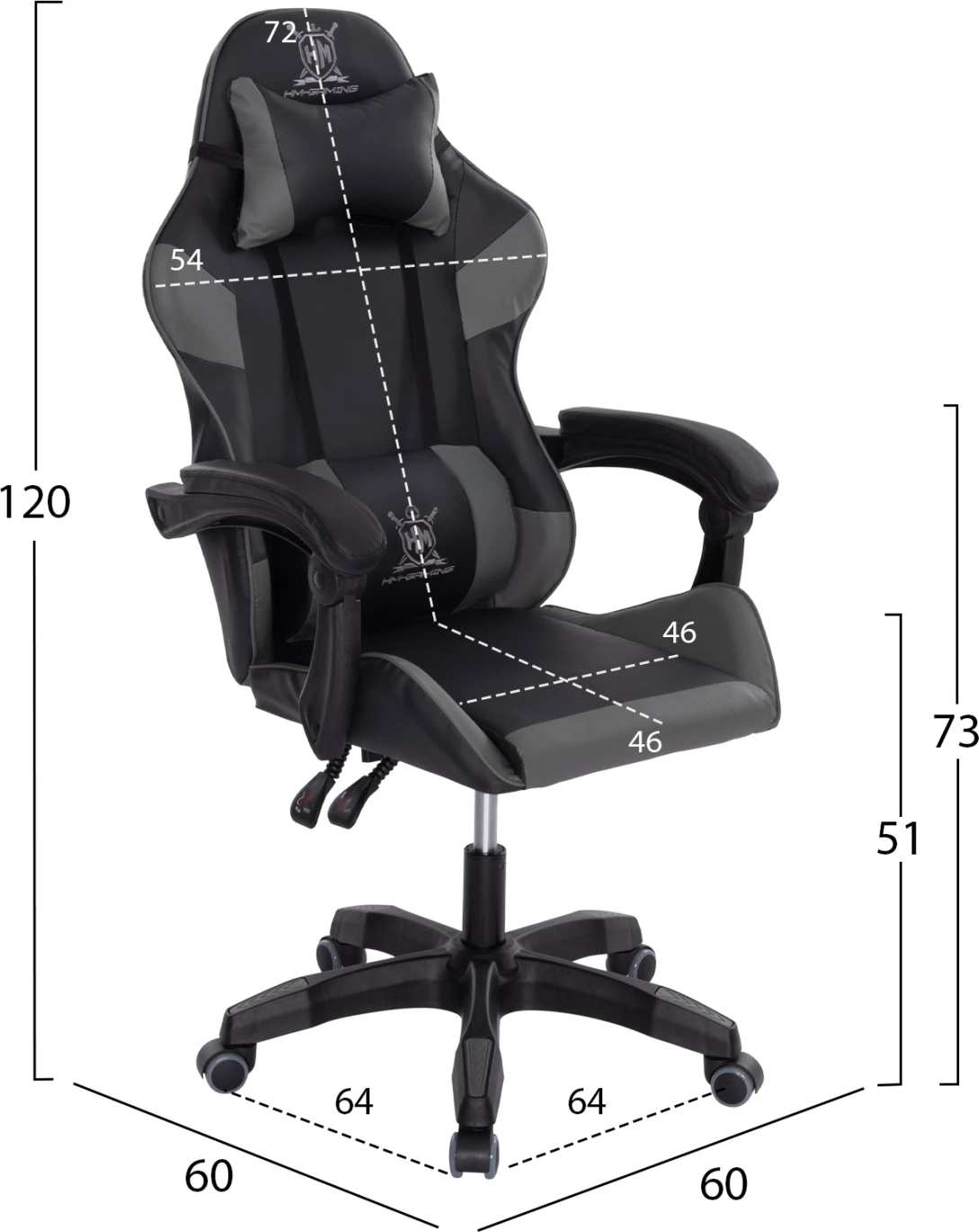 Karrige për lojëra DARREN FH1203.10, e zezë-gri, PVC & najlon, 51x49x125H cm
