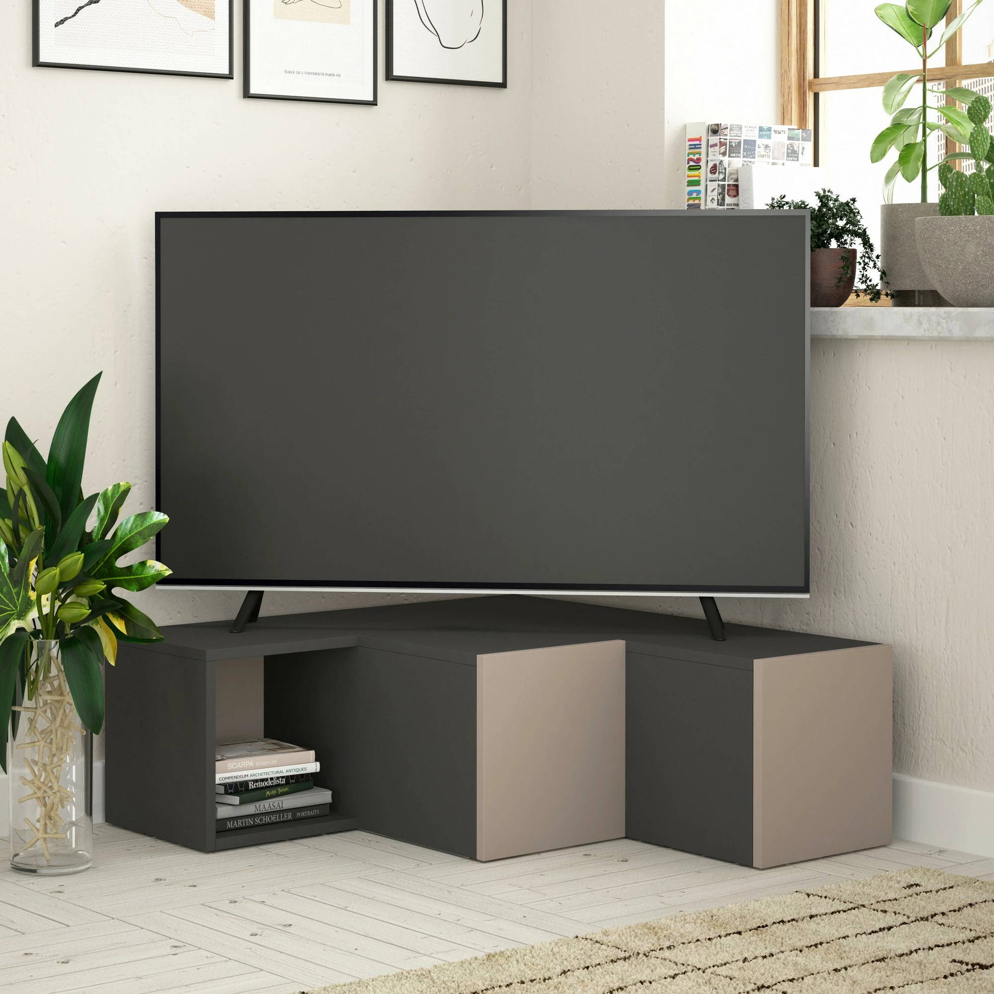 Komodë TV Skye Decor, kompakte, antracit dhe kafe e çelët
