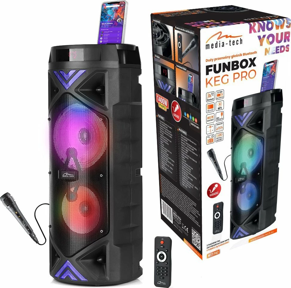 Altoparlant Media-Tech Funbox Keg Pro MT3182, Bluetooth 5.0, 50W RMS, RGB, FM radio, me mikrofon & telekomandë, i zi