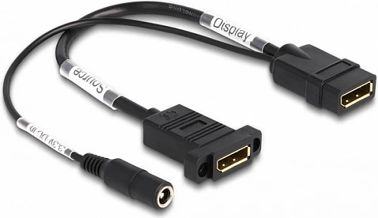 Kabllo DisplayPort DeLOCK 0.3 m, panel-mount, 4K 60Hz, me furnizim DC 2.1x5.5mm, e zezë