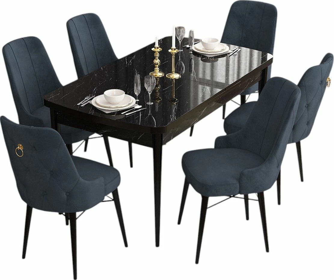 Tavolinë me karrige për ngrënie, zgjatshme, 7 copë, Skye Decor, ngjyrë mermeri të zi, antracit