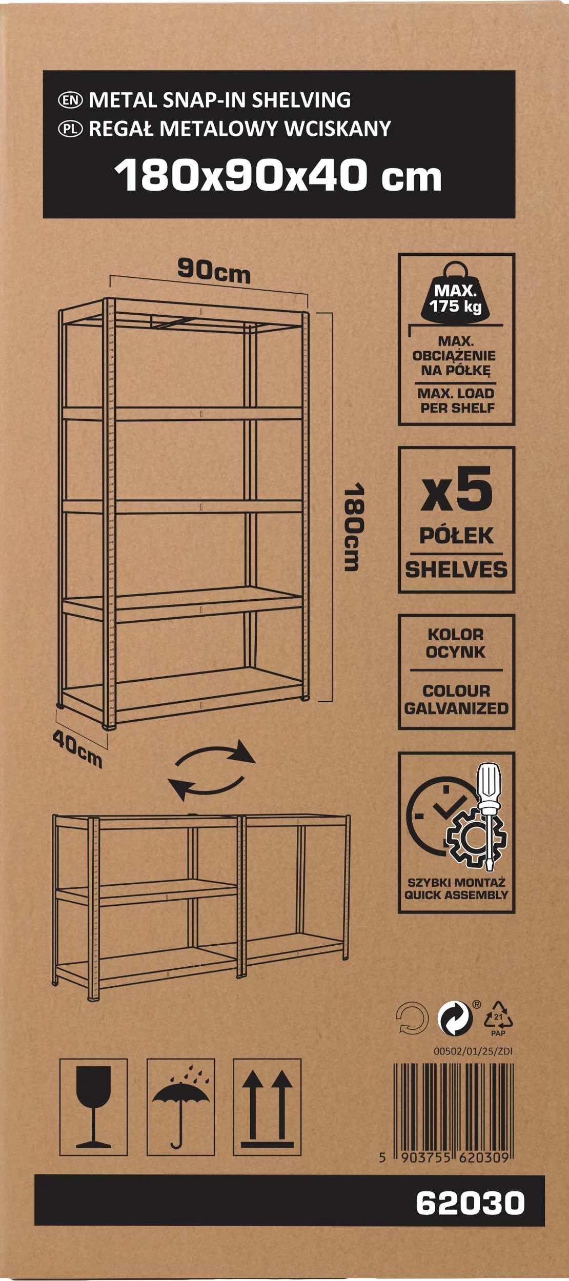 Raft metalik magazinimi PROLINE 62030, 5 rafte, 175 kg/raft, 180×90×40 cm, galvanizuar
