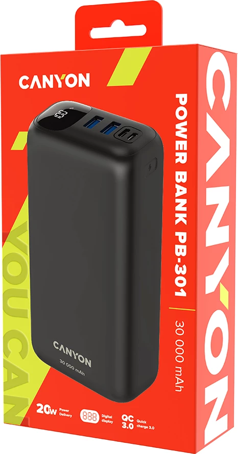 Power bank CANYON PB-301 30000 mAh PD 20W QC 3.0, e zezë