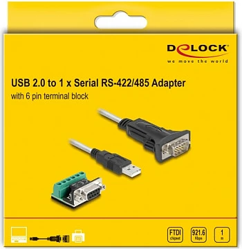 Adapter DeLOCK USB 2.0 Type-A në Serial RS-422/485 (DB-9 + bllok terminali 6-pin), 1 m, zi/transparent