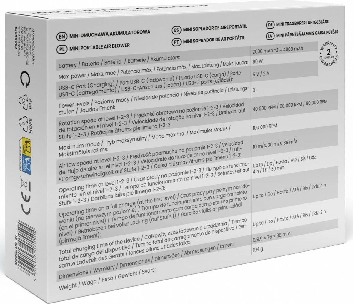 Fryrës pa kabllo mini, Savio, MD-01 (SAVMD-01), 4000 mAh, deri 100000 RPM, USB-C, dritë LED, 3 shpejtësi + Turbo, e zezë