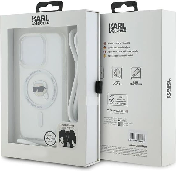 Mbështjellës Karl Lagerfeld Crossbody IML Karl Head MagSafe për iPhone 15 Pro, Transparent