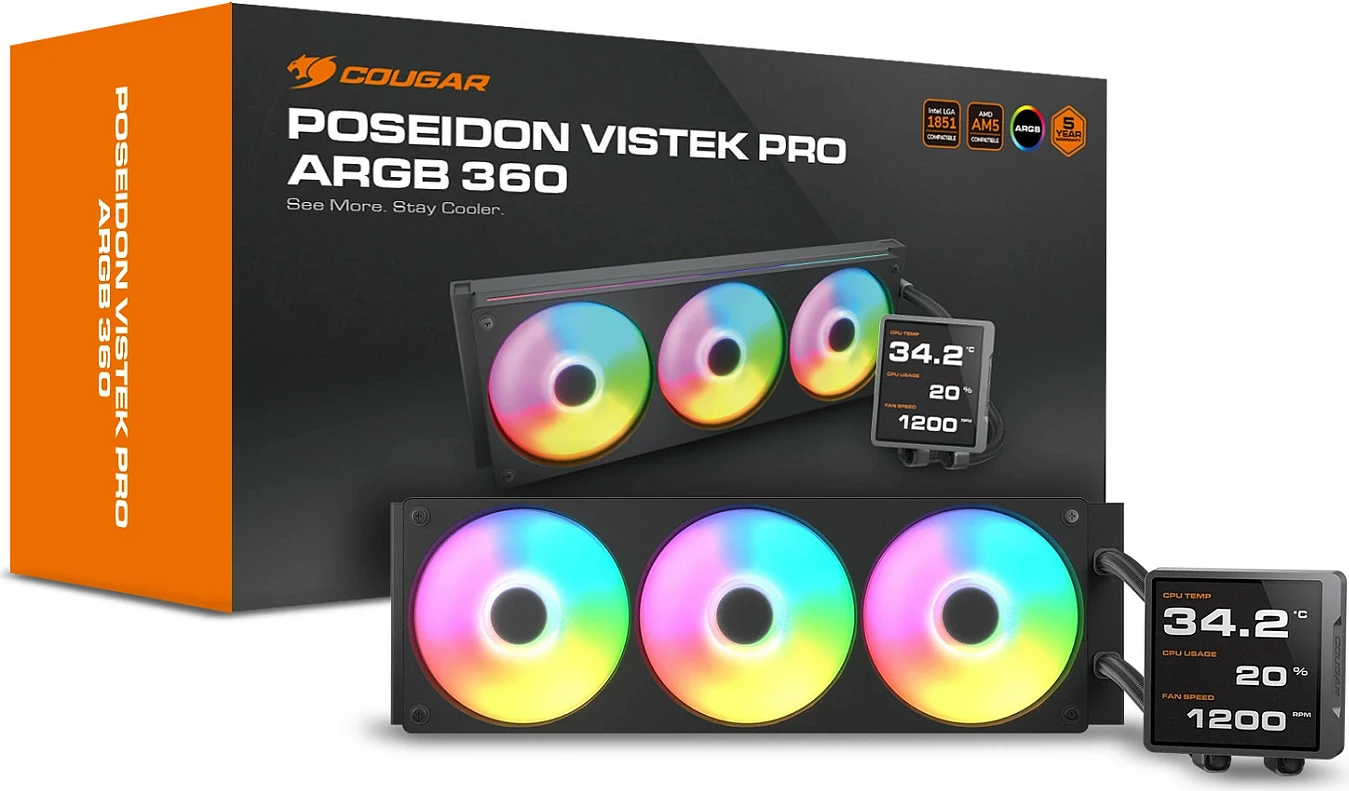 Ftohës uji CPU Cougar Poseidon Vistek Pro 360, ARGB, LCD 3.95", 3x120mm, i zi