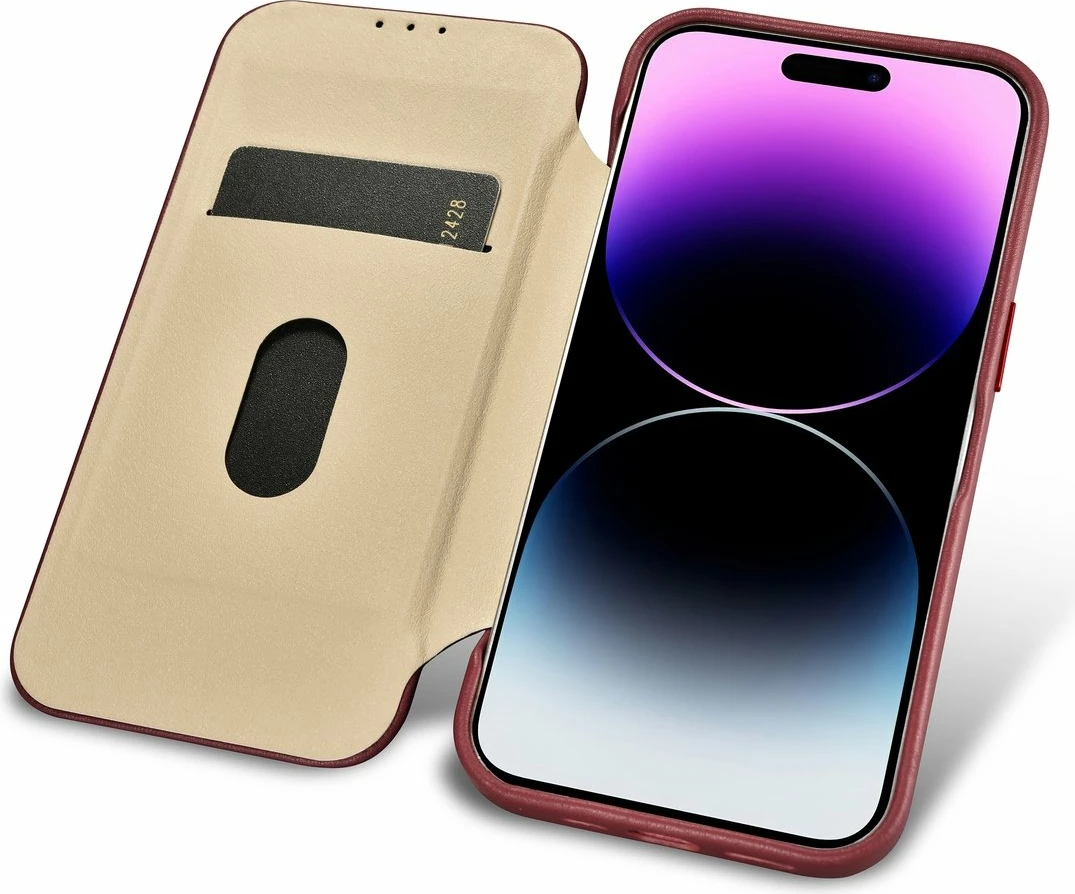 Mbështjellës iCarer CE Premium lëkurë folio për iPhone 14 Pro Max, MagSafe, Kuq