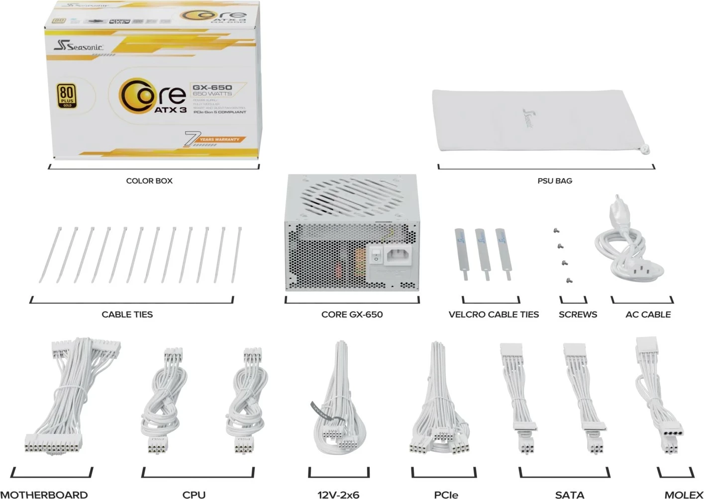 Kasë furnizimi Sea Sonic Core SRP-CGX651-A5A32SF-W, 650W, ATX 3.1, 80+ Gold, e bardhë