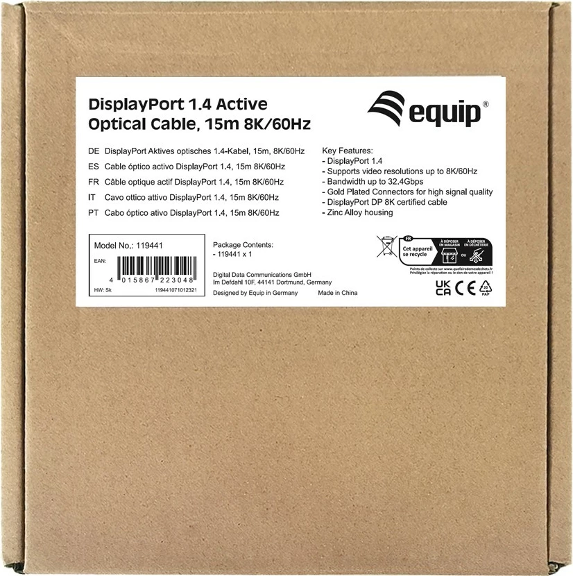 Kabllo optike aktive DisplayPort 1.4 Equip, 15m, 8K/60Hz, e zezë