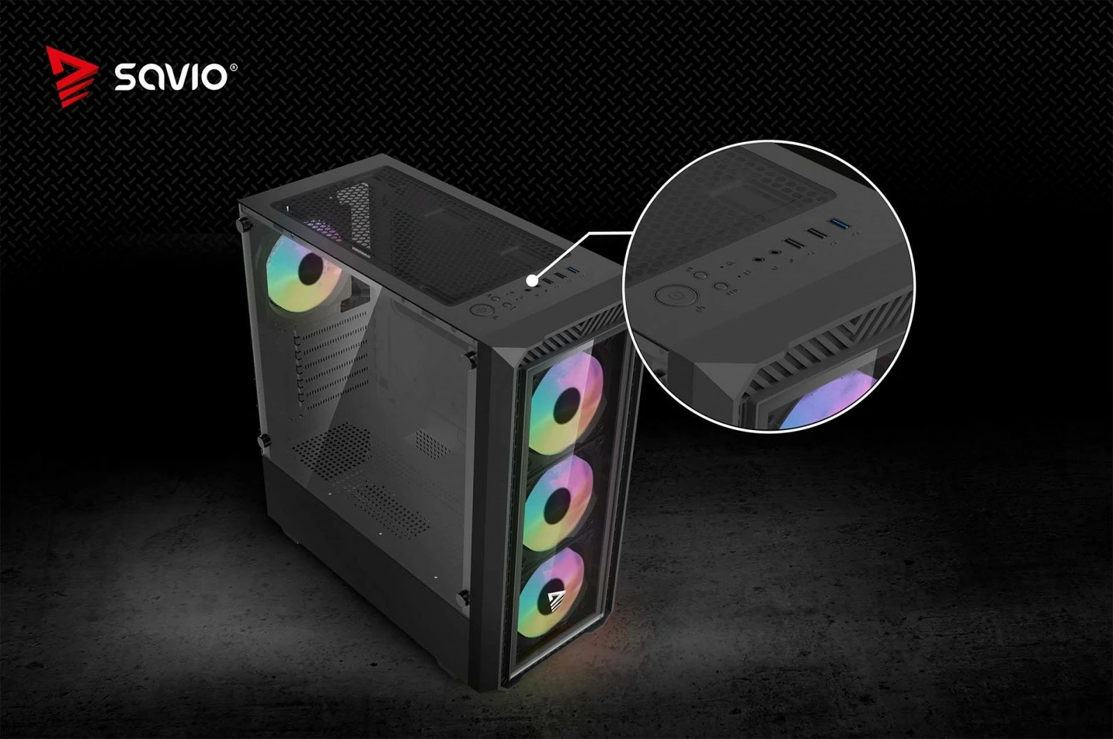 Kasë PC Savio NOCTIS GLASS RGB X1 midi tower ATX/mATX/Mini‑ITX me 4 ftohës RGB PWM, panel xhami të temperuar, filtra pluhuri, e zezë
