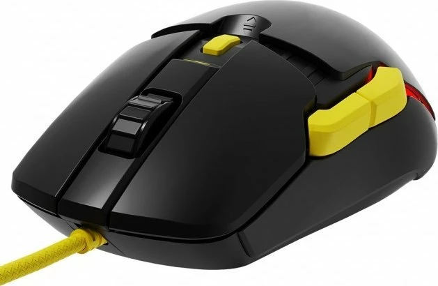 Maus gaming Modecom Volcano Jager M-MC-JAGER-100, 12000 DPI, RGB, optik PAW3327, 69 g, USB me kabll, zi me detaje të verdha, set me panele të ndërrueshme + switch-a të heshtur