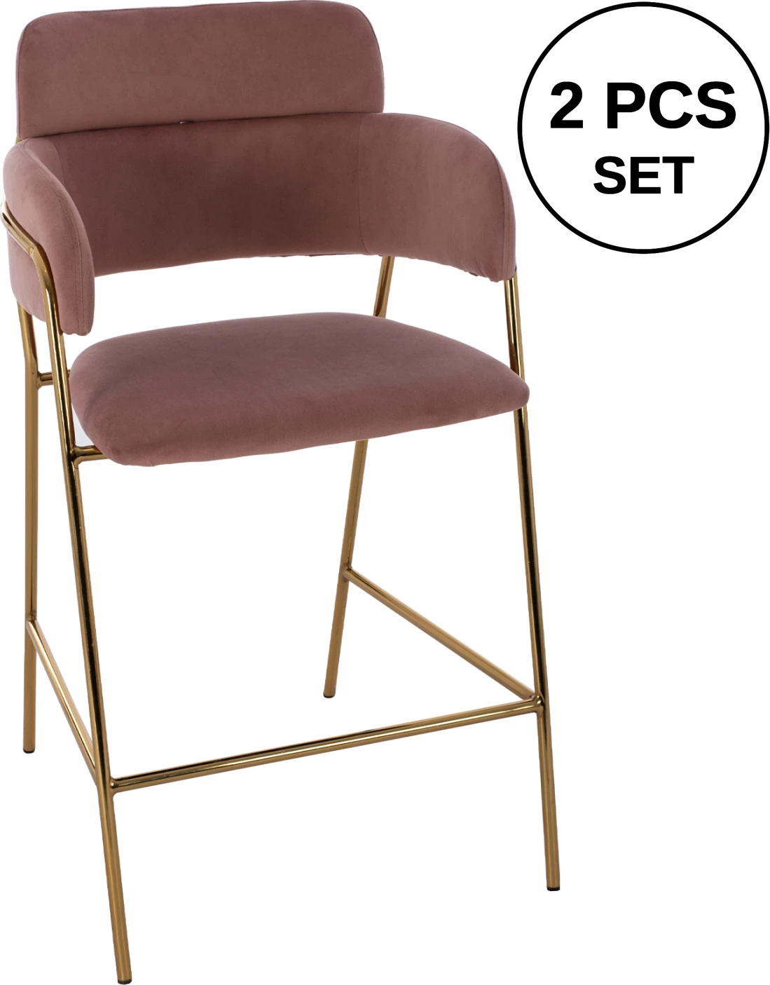 Karrige për bar mesatare, kadife rozë e zbehtë, kornizë e artë, FH8735.02, 54x58x95 cm., set prej 2 copë