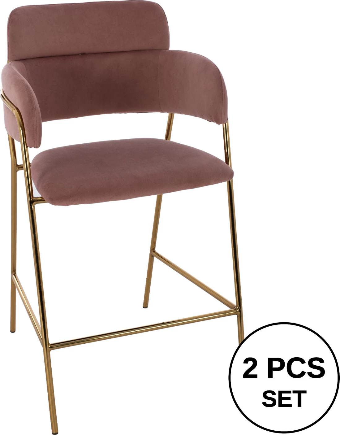 Karrige për bar mesatare, kadife rozë e zbehtë, kornizë e artë, FH8735.02, 54x58x95 cm., set prej 2 copë