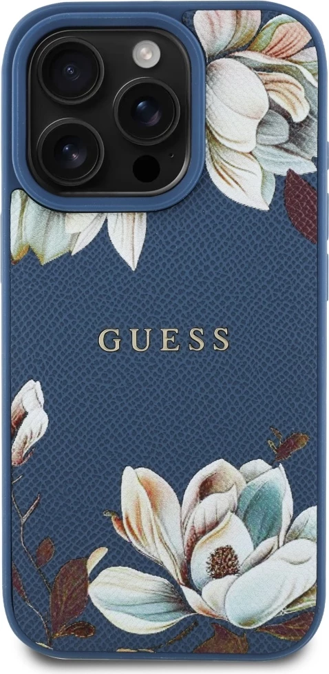 Mbështjellës Guess Grained Printed Flower Pattern MagSafe për iPhone 16 Pro Max, Blu