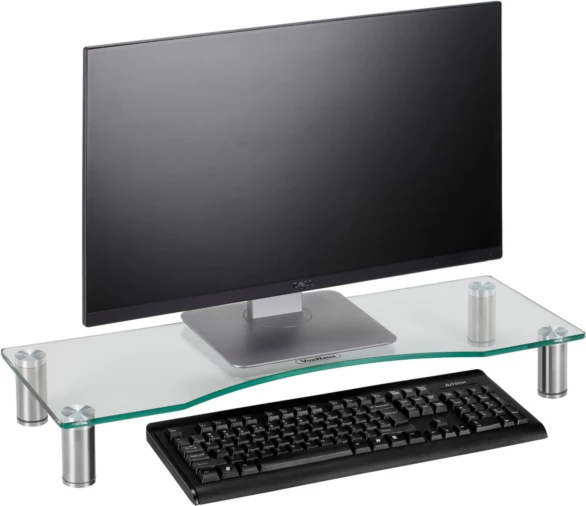 Mbajtës monitori VonHaus Glass Monitor Stand L 580x210mm, xham i temperuar 5mm, lartësi e rregullueshme 75-90mm, kapacitet 20kg, transparent