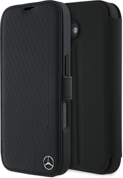 Mbështjellës Mercedes për iPhone 16, imitacion lëkure dhe druri, i zi