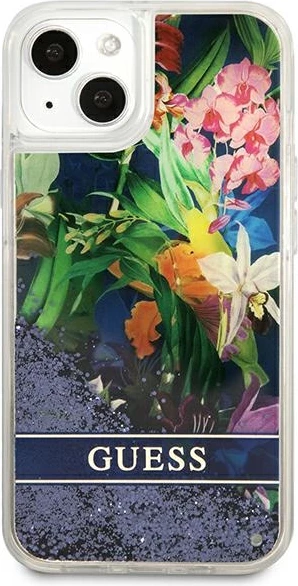 Mbështjellës Guess Flower Liquid Glitter për iPhone 13 mini 5.4", i fortë, Blu