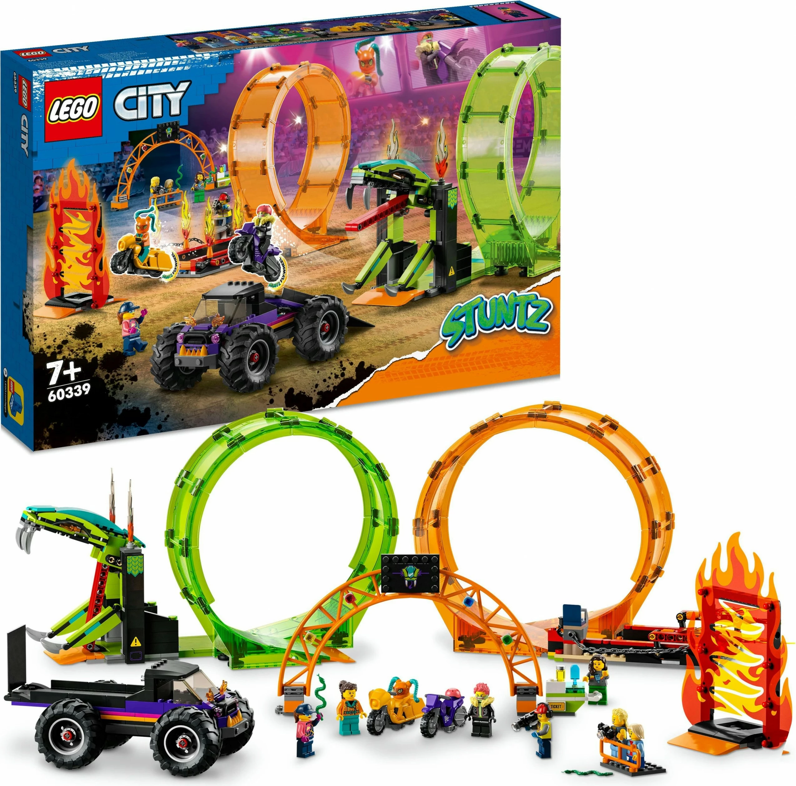 Set ndërtimi LEGO City Double Loop Stunt Arena, 598 pjesë, plastikë, shumëngjyrësh
