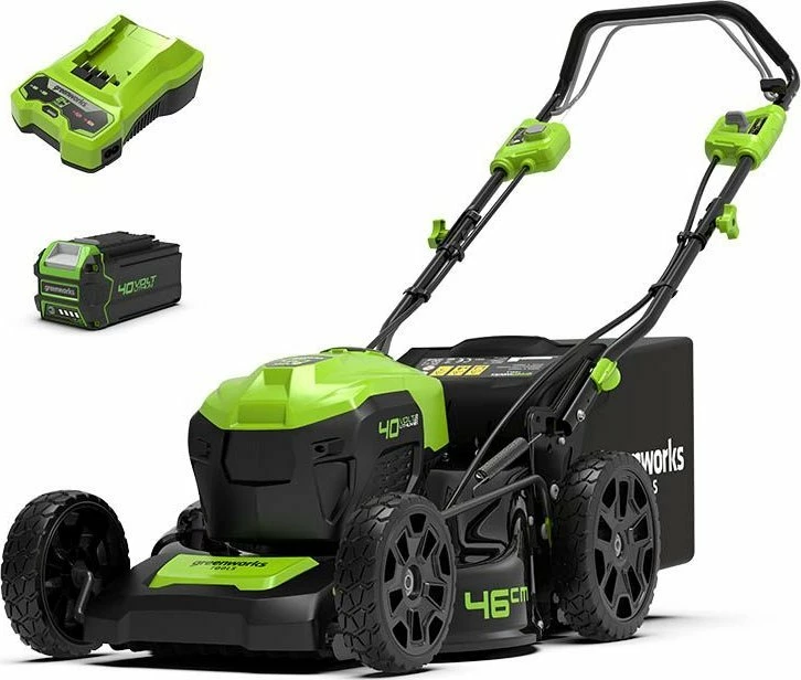Kositëse bari me bateri Greenworks GD40LM46SPK4 40V 46cm me shtytje, set me karikues + 1x bateri 4Ah, gjelbër/zezë