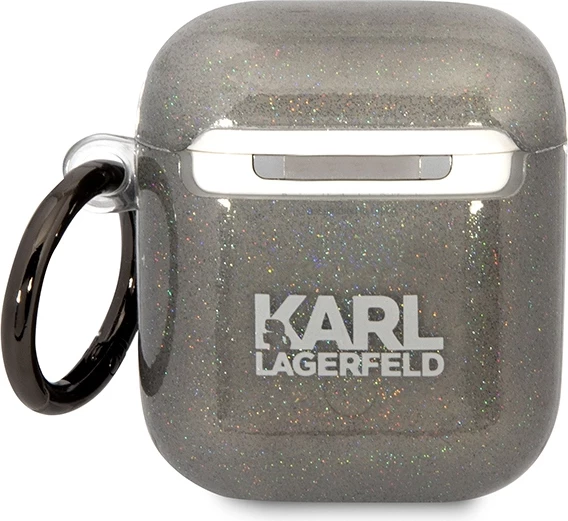 Mbështjellës Karl Lagerfeld KLA2HNKCTGK për AirPods 1/2, Glitter Karl&Choupette, i zi me unazë