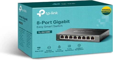 Switch TP-LINK TL-SG108E 8-port Gigabit Easy Smart, i zi, set me adapter rryme