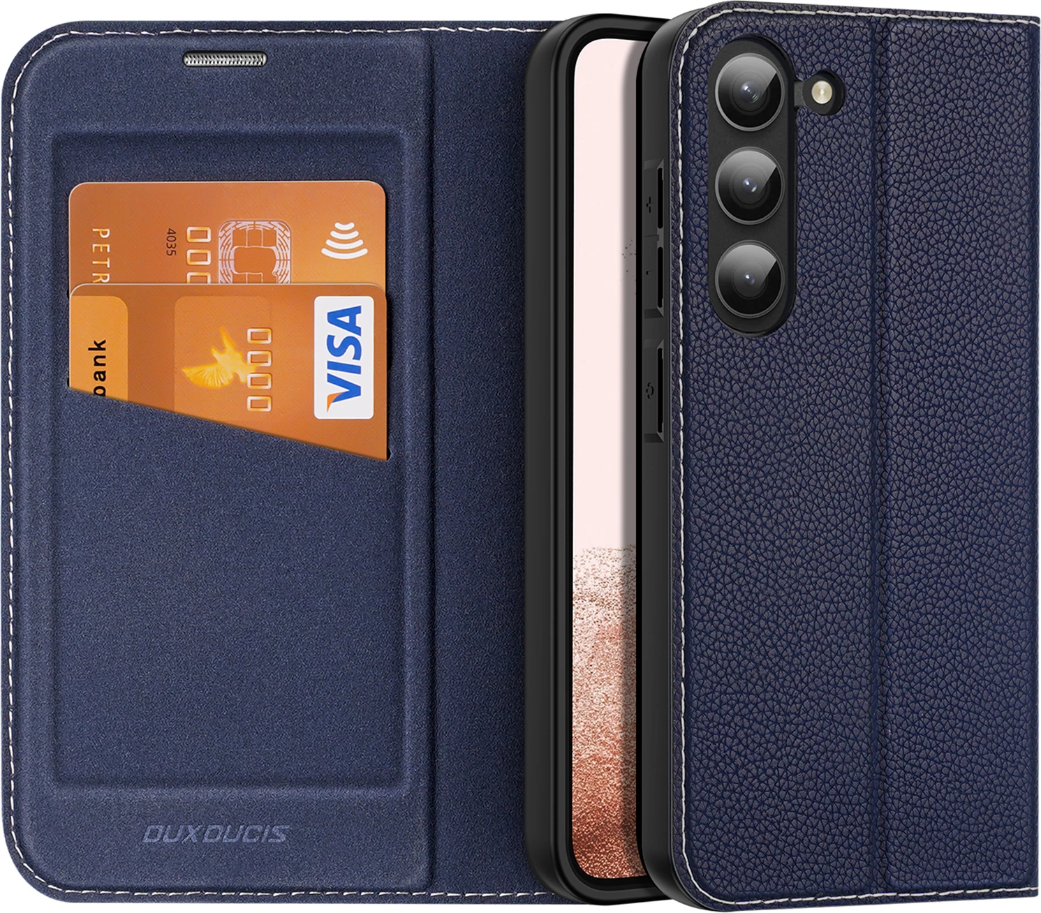 Mbështjellës Dux Ducis Skin X2 për Samsung Galaxy S23+, me xhep kartelash, me mbajtëse, kaltër