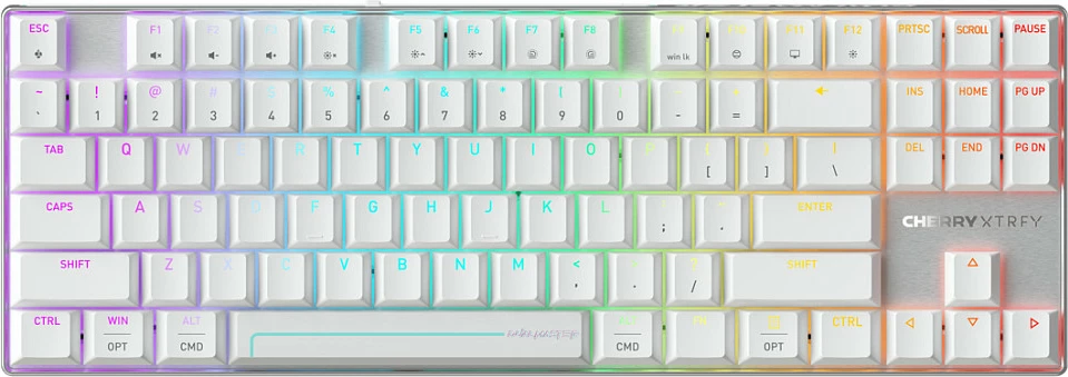 Tastierë gaming CHERRY XTRFY MX 8.2 PRO TMR, Tenkeyless, wireless/USB, RGB, e bardhë