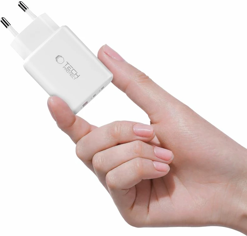 Karikues muri Tech-Protect NCA65W-GAN, 65W, 3 porta (2x USB-C PD + USB-A QC 3.0), me kabllo USB-C 1m, bardhë