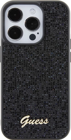 Mbështjellës Guess Disco Metal Script për iPhone 15 Pro, i zi