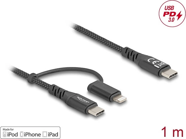 Kabllo DeLOCK 81170, USB-C në USB-C/Lightning, 1m, USB PD 60W, e zezë