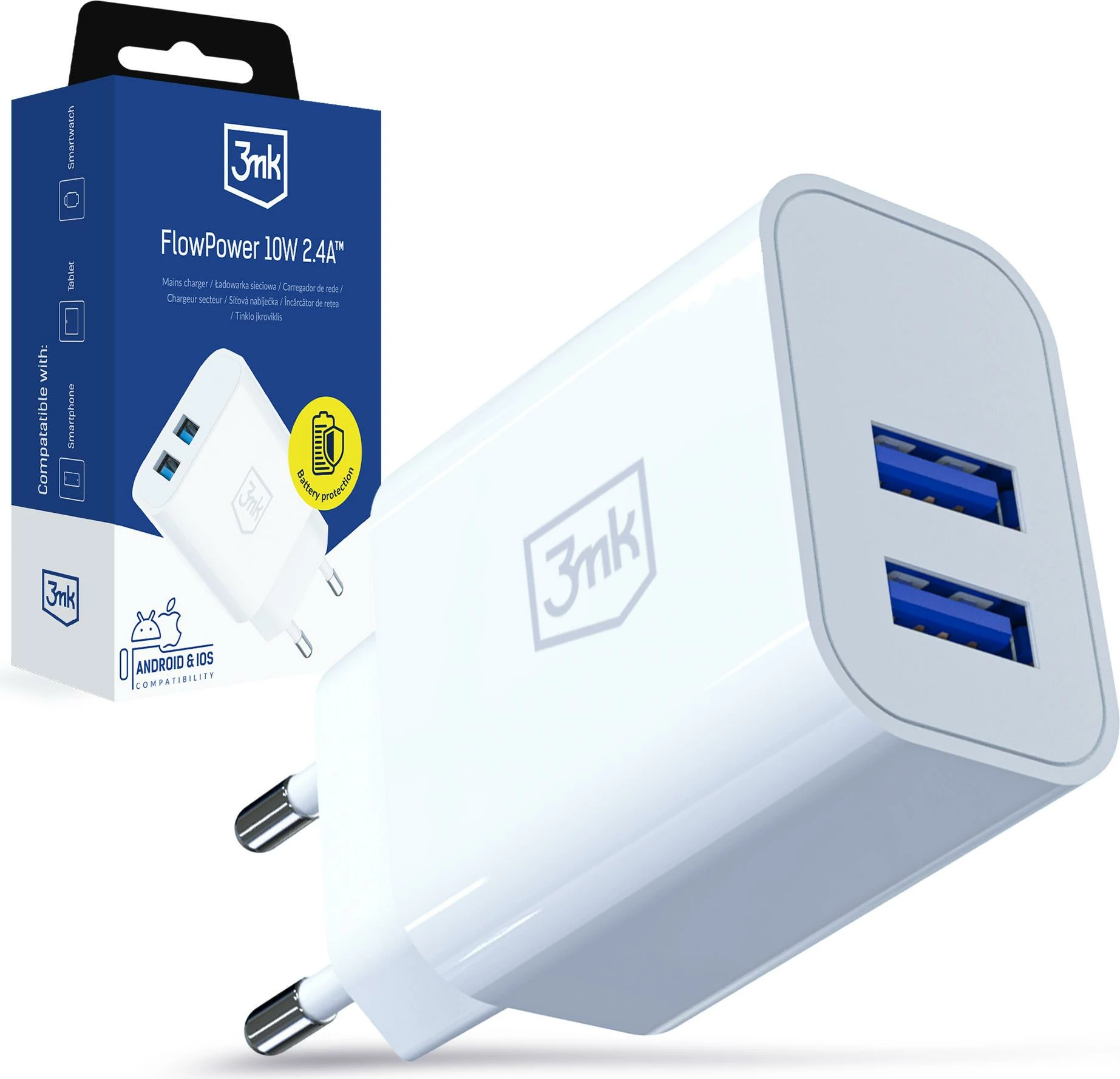 Karikues muri 3mk FlowPower 10W 2x USB-A 2.4A, i bardhë, 1 copë