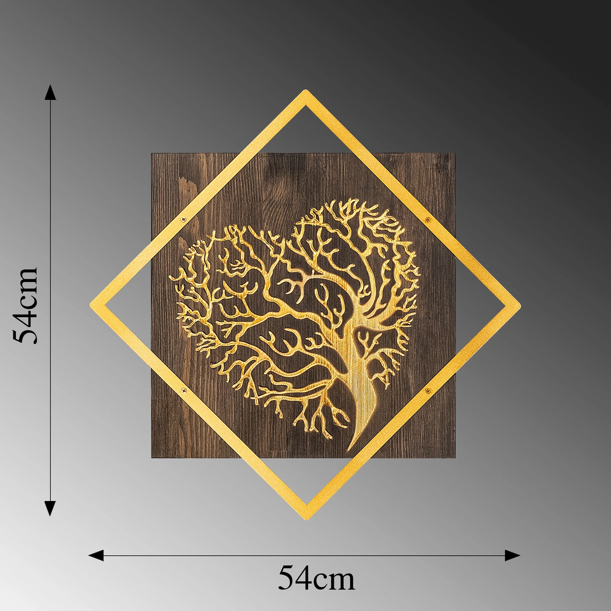 Aksesor dekorativ për mur, dru dhe metal, ngjyrë arre dhe ari, Wallity, pemë v3, 54x54cm