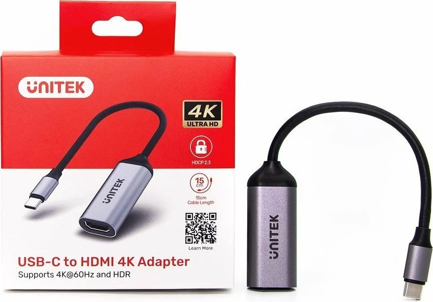 Adapter USB-C në HDMI Unitek V1420A, 4K@60Hz, HDMI 2.0, HDCP 2.3, kabllo 0.15 m, gri