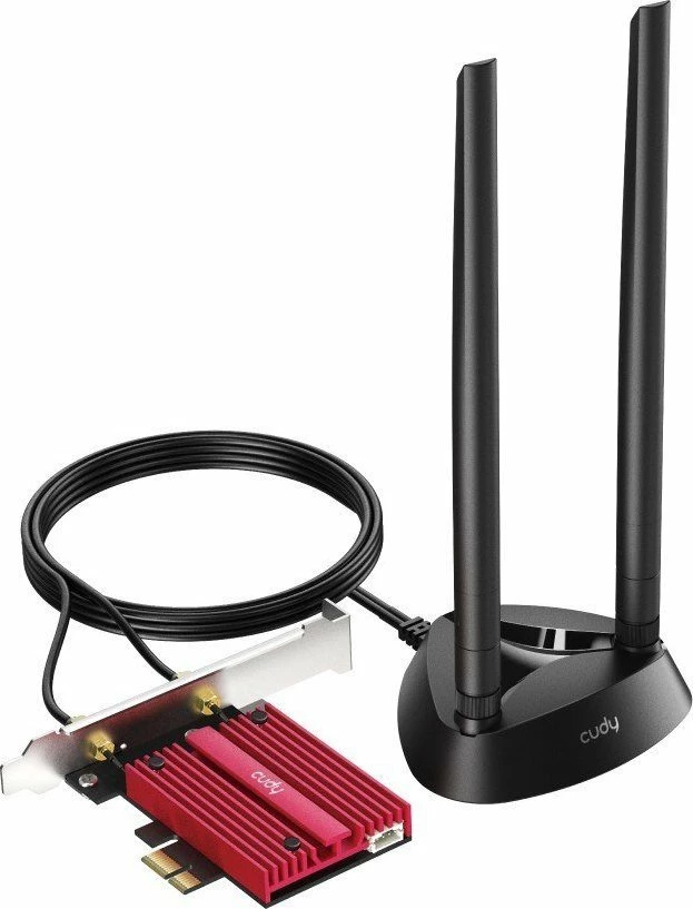 Kartelë rrjeti Wi‑Fi PCIe Cudy WE4000 Wi‑Fi 6E AX210 5400 Mb/s Bluetooth 5.2, kuq/zi, set me 2 antena