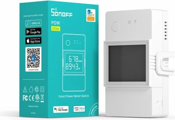 Switch smart Wi‑Fi SONOFF POWR316D, matës energjie 16A me LCD, AC 100-240V, 1 copë, i bardhë