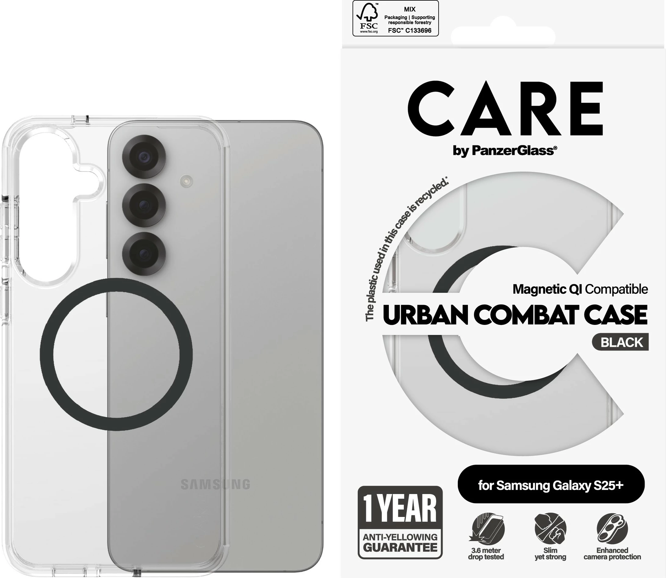 Mbështjellës PanzerGlass CARE Flagship, për Samsung Galaxy S25 Plus, transparent/zi, QI compatible