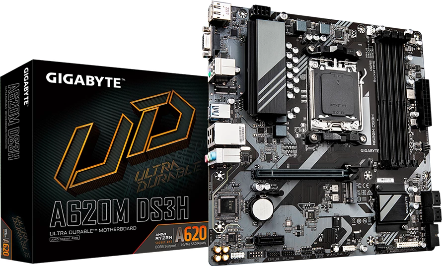 Pllakë amë Gigabyte A620M DS3H, Socket AM5, mATX, 4xDDR5, 1xM.2, 4xSATA, VGA/DP/HDMI, GbE LAN
