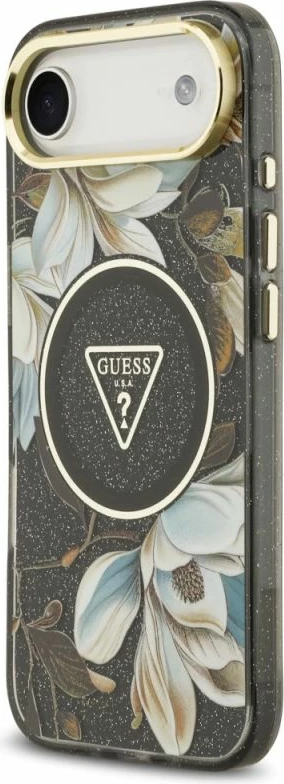 Kllapë telefoni Guess Glitter Flowers Triangle MagSafe për iPhone Air, e zezë