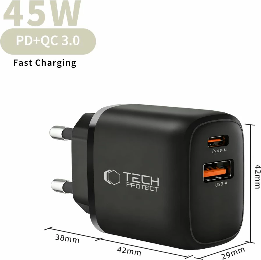 Karikues muri Tech-Protect NCA45W-GAN 45W GaN, 2 porta USB-C/USB-A i zi, 1 copë