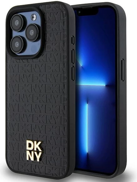 Mbështjellës DKNY Leather Monogram Pattern Metal Logo MagSafe për iPhone 15 Pro, e zezë