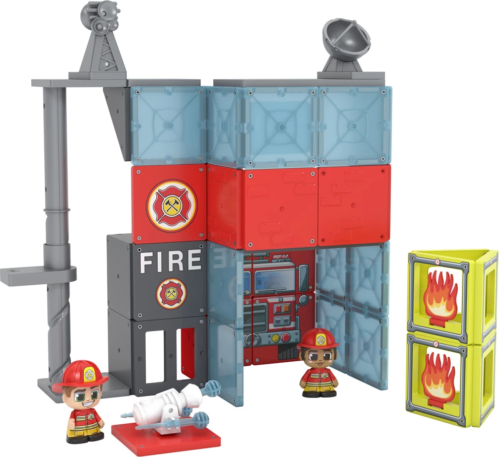 Tile Town Fire House Set Magnetik Ndërtimi 46 Pjesë me Figura Zjarrfikësish – Lodër STEM për Fëmijë