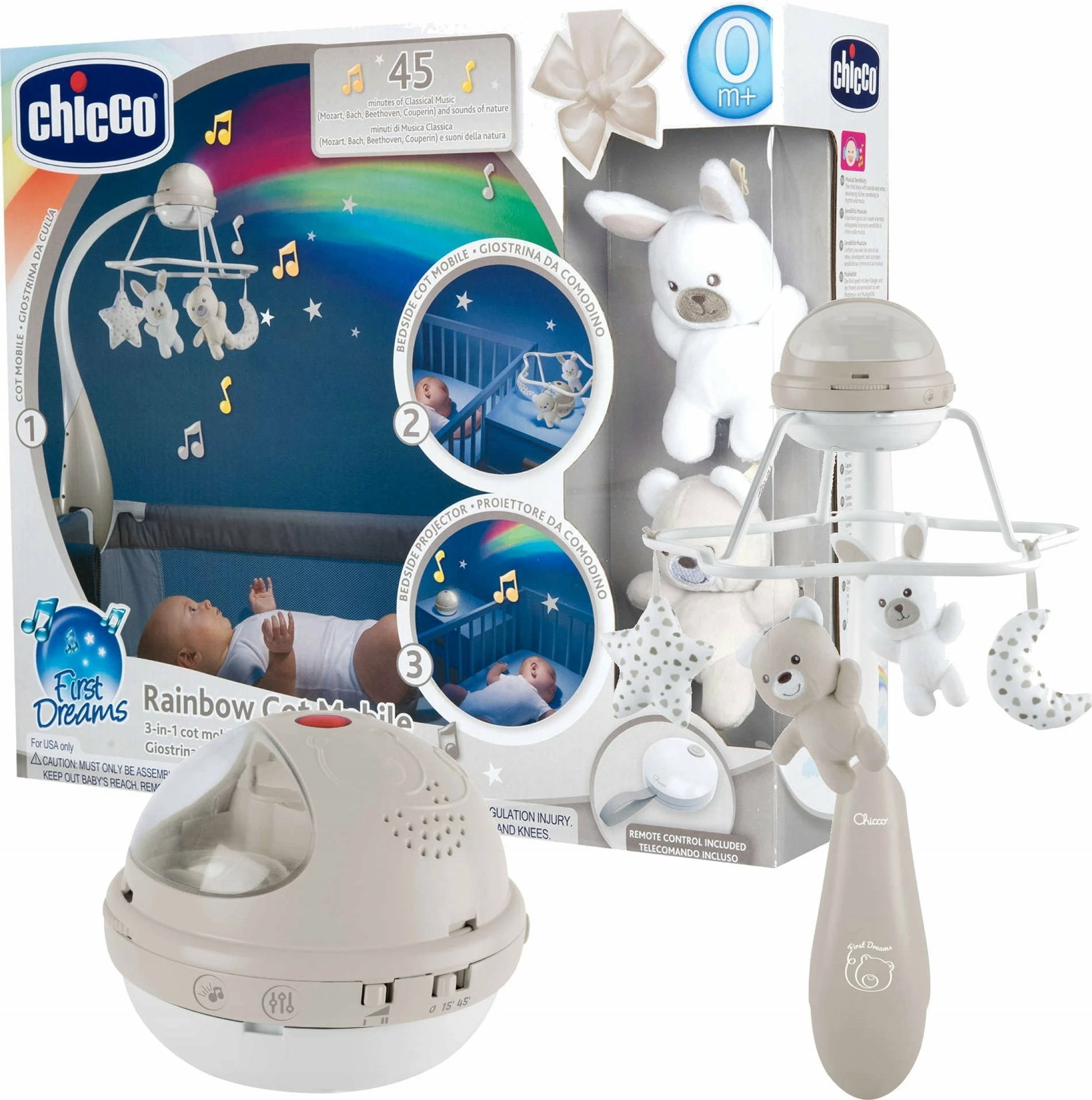 Karuzelë për shtrat bebe Chicco First Dreams Rainbow 3n1 CHICZ-0933, 45 min muzikë, bezhë