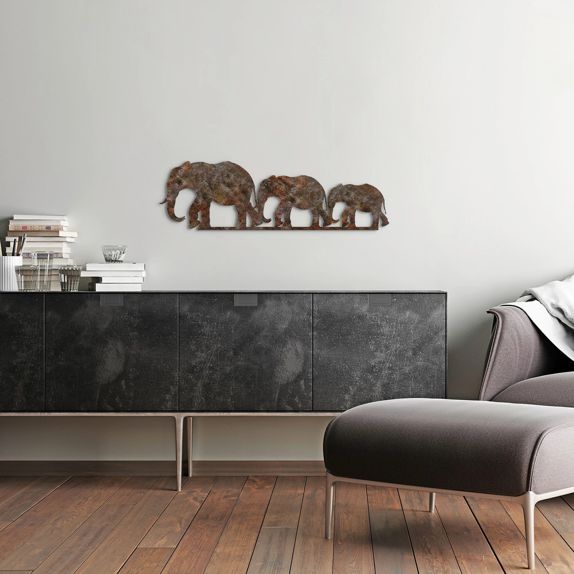 Aksesor dekorativ metalik për mur, elefantë, ngjyrë antike, Wallity