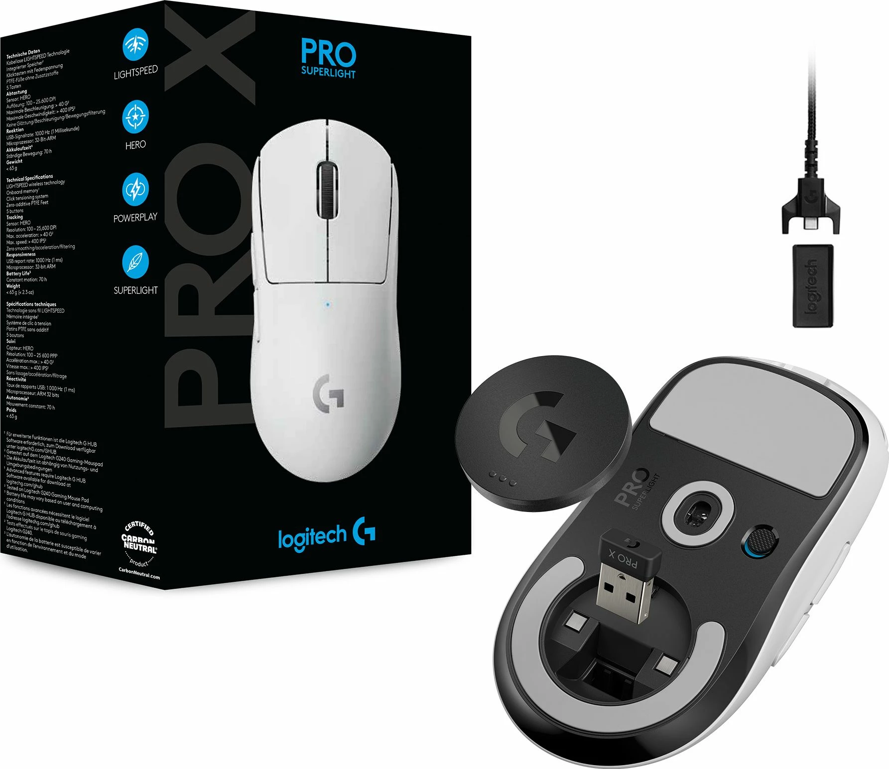 Maus Logitech G Pro X Superlight 910-005942 HERO 25K, 25600 DPI, Wireless 2.4GHz, 63 g, 5 butona, E bardhë