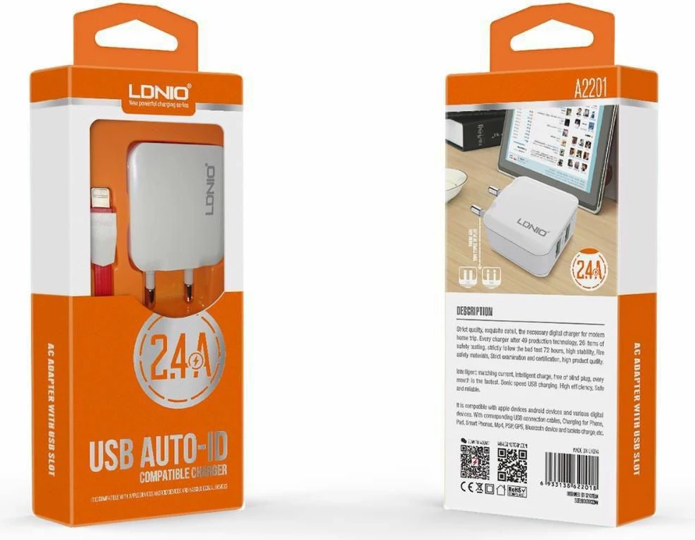 Karikues i shpejtë LDNIO A2201 2.1A 2xUSB, i bardhë
