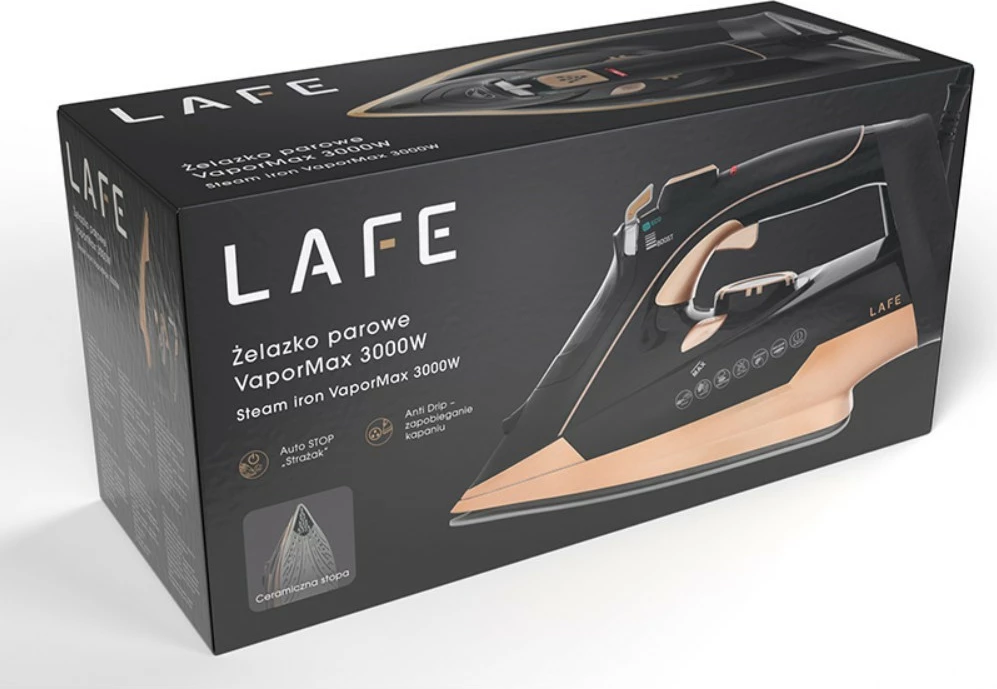 Hekur me avull, Lafe, VaporMax LAFZEL47583, 3000 W, shollë qeramike, depo uji 320 ml, kabllo 1.8 m, bezhë/zi