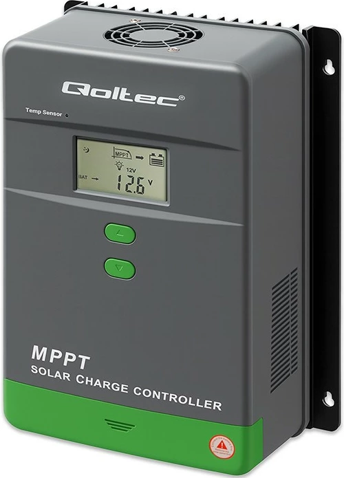 Kontroller karikimi diellor MPPT, Qoltec, 53664, 50A 12V/24V, LCD Bluetooth APP sensor temperature, kompatibil me GEL & LiFePO4, gri/jeshile